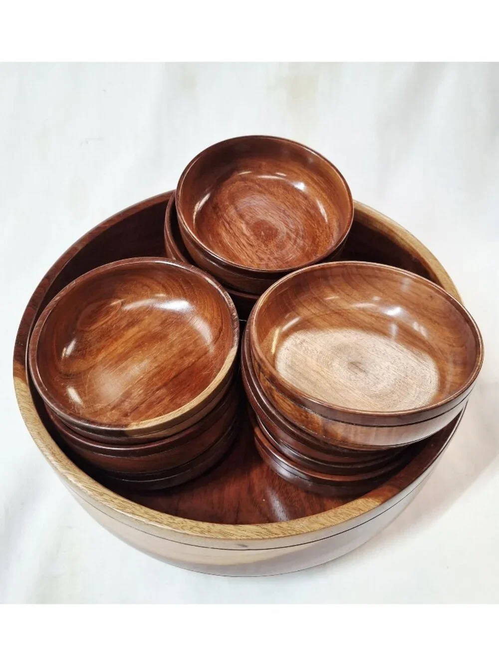 Vintage Wooden Salad Bowl Set With 11 Small Bowls Rich Natural Grain Handcrafted